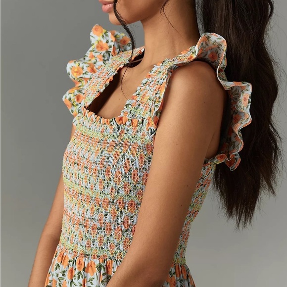 ANTHROPOLOGIE Floral Embroidered Smocked Sleeveless Square Neck Midi Dress L NWT - Picture 6 of 10